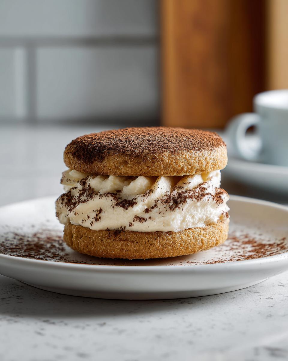 A close-up of a tiramisu cookie sandwich filled with creamy mascarpone filling and dusted with cocoa powder.
