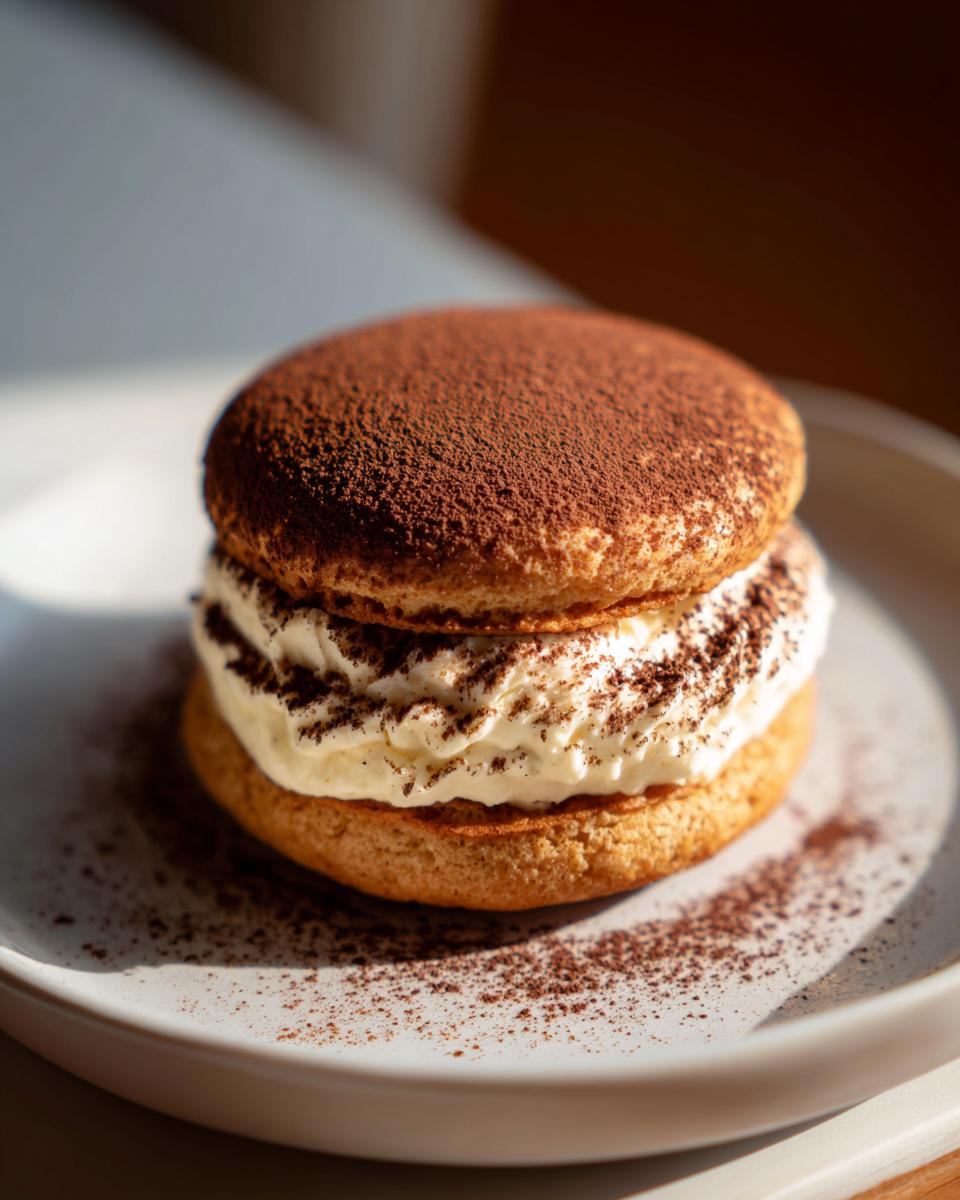 Close-up of a tiramisu cookie sandwich filled with cream and dusted with cocoa powder.