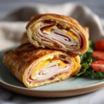 A close-up of two halves of turkey and cheese roll ups, filled with layers of turkey, ham, cheese, and bacon, served with greens and tomatoes.