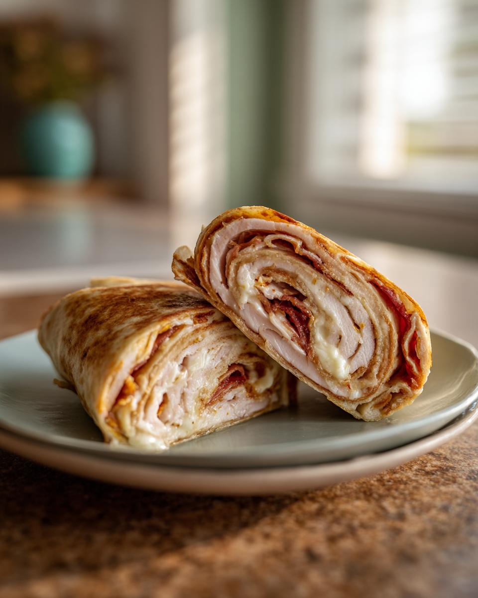 Close-up of two halves of turkey and cheese roll ups, showing layers of turkey, cheese, and a hint of sauce.