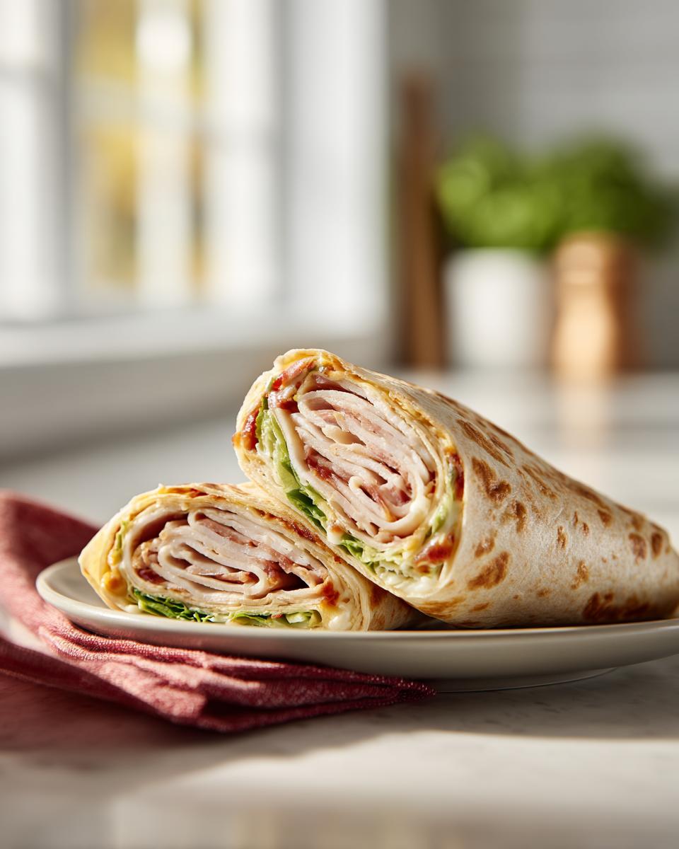 Close-up of two turkey and cheese roll ups cut in half, revealing layers of turkey, cheese, lettuce, and sauce.