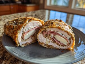 Close-up of two halves of a turkey and cheese roll up, revealing layers of turkey, ham, and melted cheese.