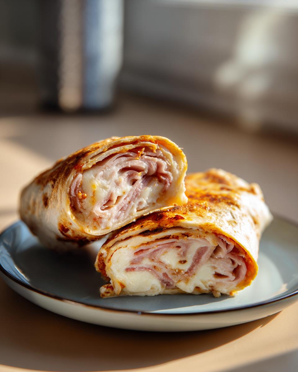Close-up of two halves of a grilled turkey and cheese roll up, showing melted cheese and layers of turkey.