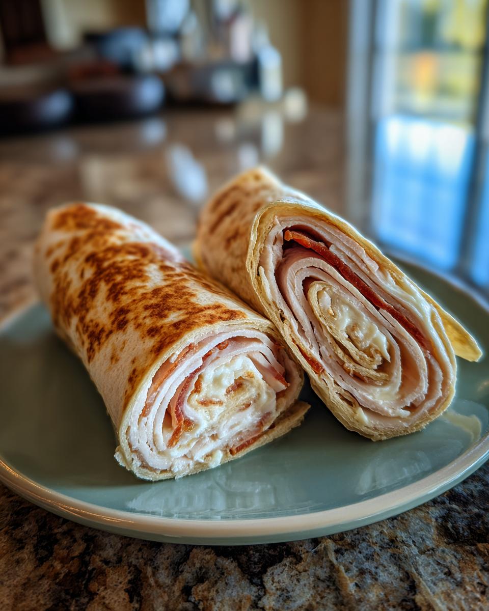 Two delicious turkey and cheese roll ups on a plate, one sliced to show layers of turkey, cheese, and pepperoni.
