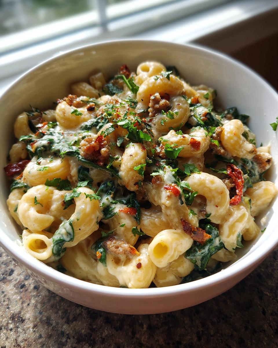 A close-up of a bowl of Tuscan mac and cheese, featuring pasta, creamy sauce, spinach, sausage, and sun-dried tomatoes, garnished with parsley.