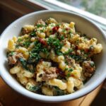 A close-up of a bowl of creamy Tuscan mac and cheese with crumbled sausage, sun-dried tomatoes, and fresh parsley.