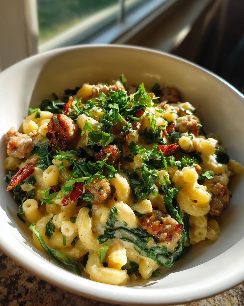 A close-up of creamy Tuscan mac and cheese with chunks of sausage, wilted spinach, and fresh parsley.