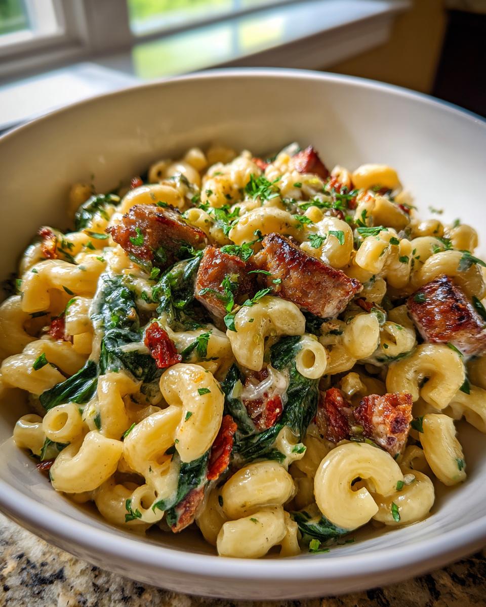 A close-up of Tuscan mac and cheese with pasta, creamy sauce, spinach, sun-dried tomatoes, and sausage pieces, garnished with parsley.