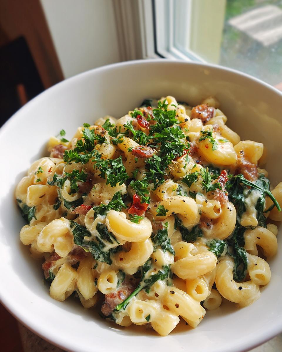 Close-up of a bowl of creamy Tuscan mac and cheese with spinach, sun-dried tomatoes, and bacon, garnished with parsley.