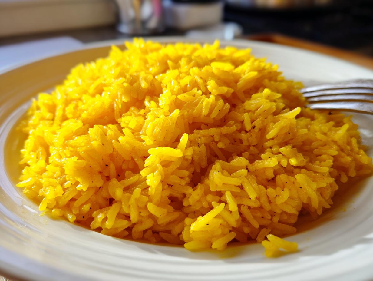 Close-up of a mound of bright yellow turmeric rice served on a white plate with a fork resting on the side.
