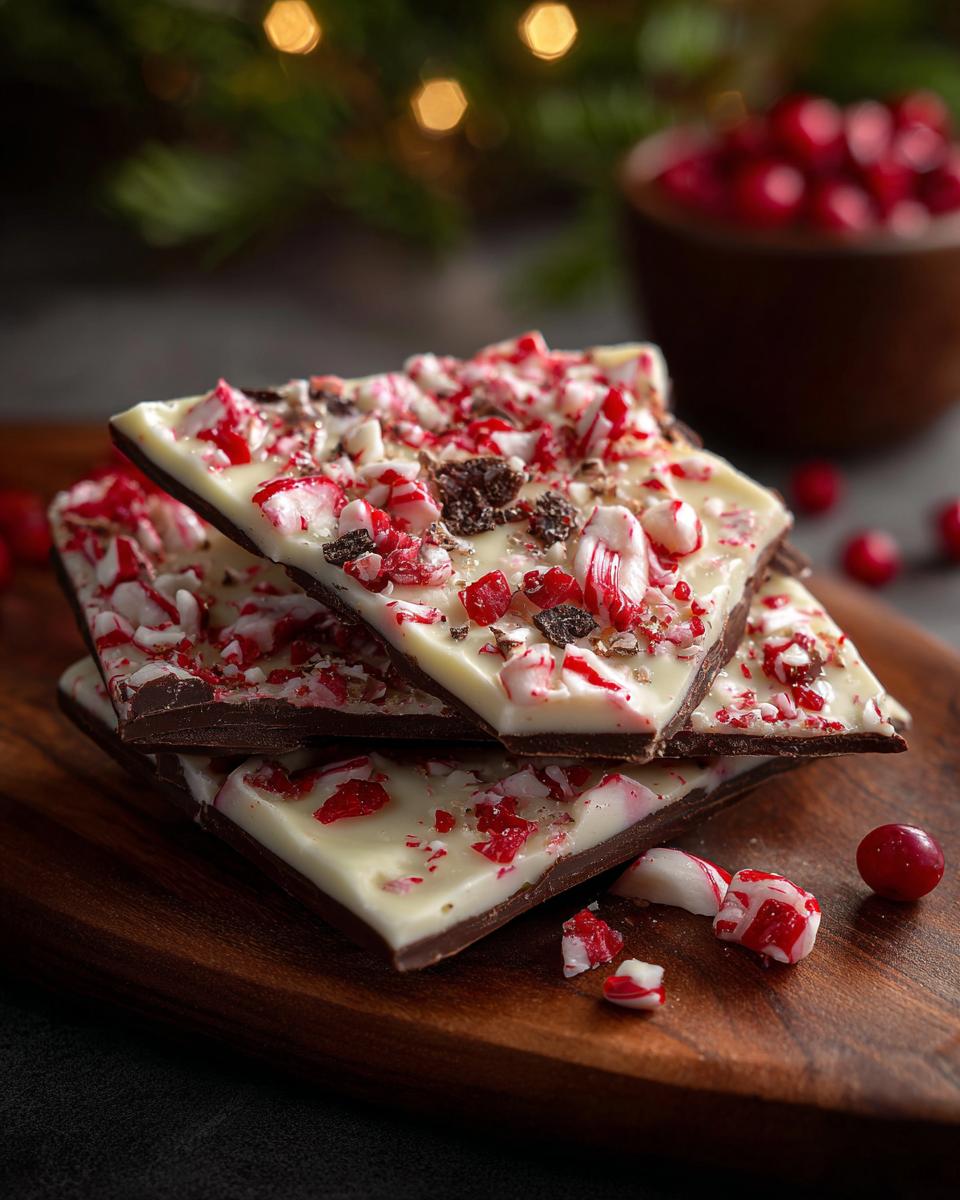 A stack of white chocolate candy cane bark pieces topped with crushed candy canes and dark chocolate crumbles.
