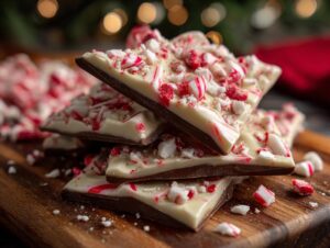 A stack of delicious white chocolate candy cane bark pieces on a wooden board, sprinkled with crushed candy canes.