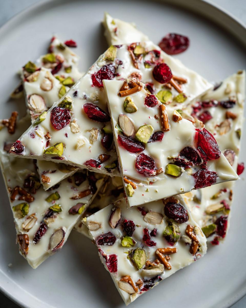 A close-up of broken pieces of white chocolate pretzel bark, studded with dried cranberries, pistachios, almonds, and pretzel pieces.