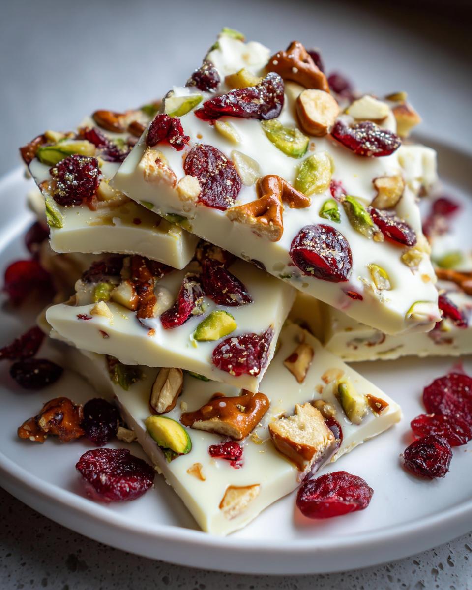 A stack of white chocolate pretzel bark pieces, topped with dried cranberries, pistachios, and almonds.