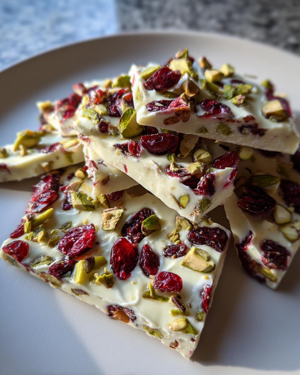 Close-up of white chocolate pretzel bark pieces topped with dried cranberries and chopped pistachios.