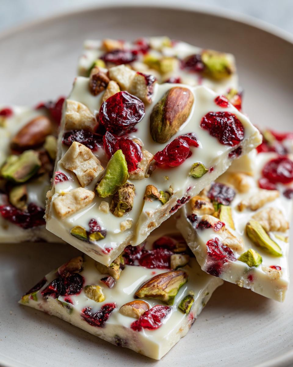 Close-up of white chocolate pretzel bark broken into pieces, topped with dried cranberries and pistachios.