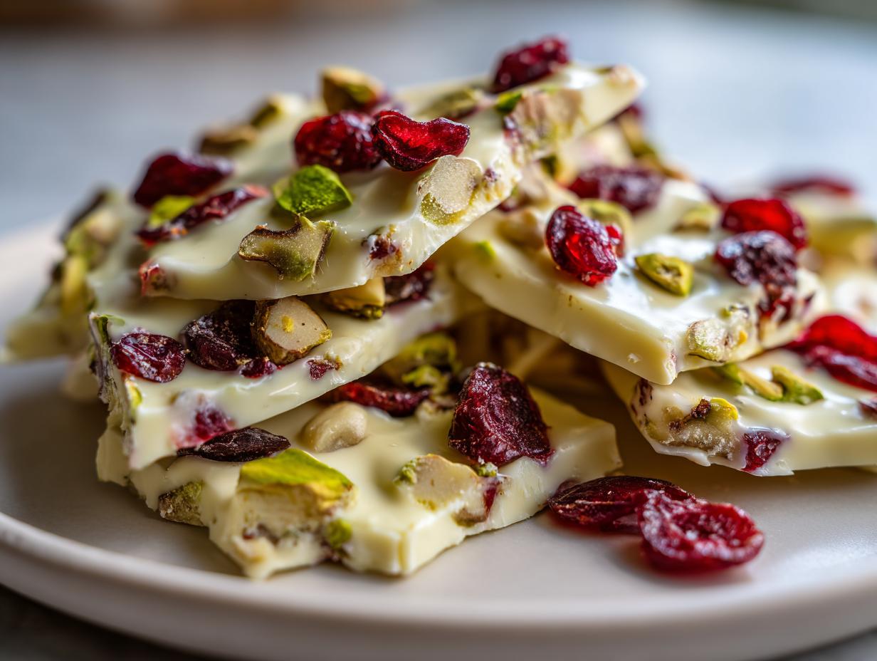 A close-up of broken pieces of white chocolate pretzel bark topped with dried cranberries and chopped pistachios.