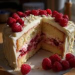 A slice of White Chocolate Raspberry Cake with layers of cake, cream, and fresh raspberries.