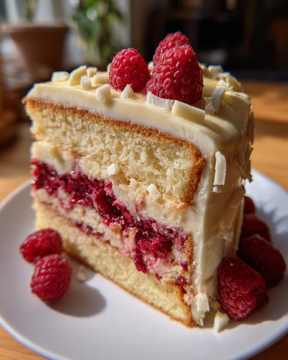 A slice of delicious white chocolate raspberry cake with fresh raspberries and white chocolate shavings.