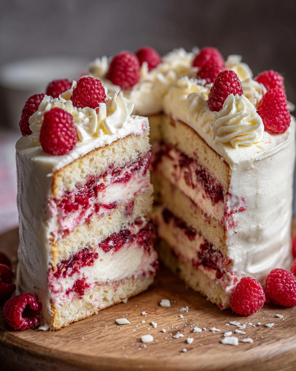 A slice of white chocolate raspberry cake with layers of white cake, cream filling, and raspberry compote, topped with whipped cream and fresh raspberries.