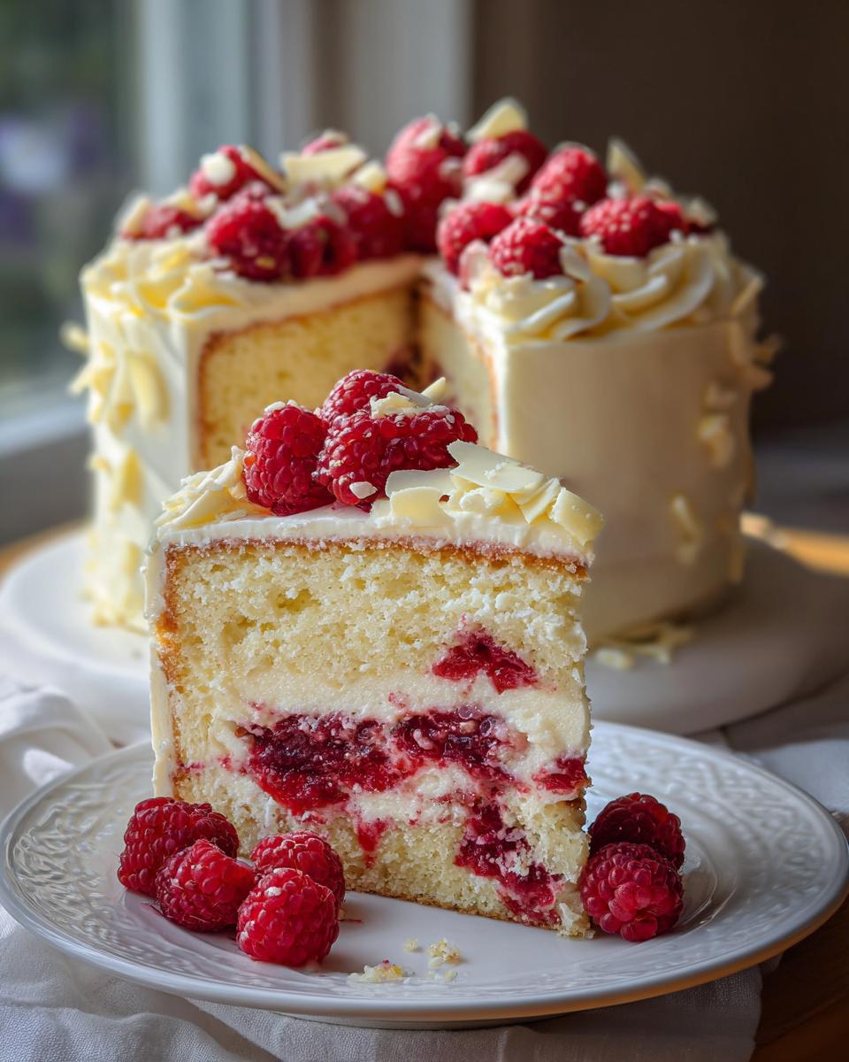 A slice of white chocolate raspberry cake with layers of cake, cream, and raspberries, topped with fresh raspberries and white chocolate shavings.