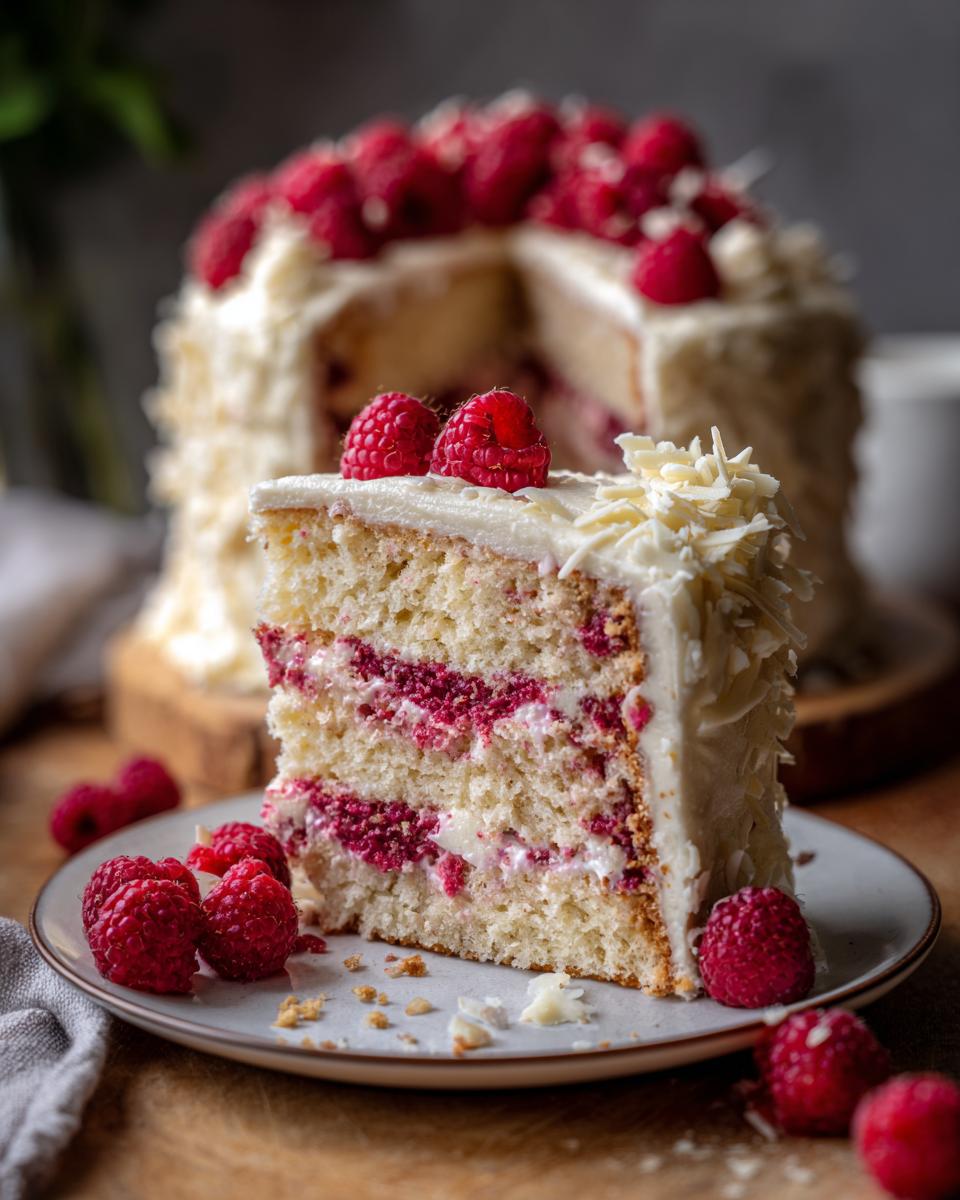 A delicious slice of white chocolate raspberry cake, topped with fresh raspberries and white chocolate shavings.