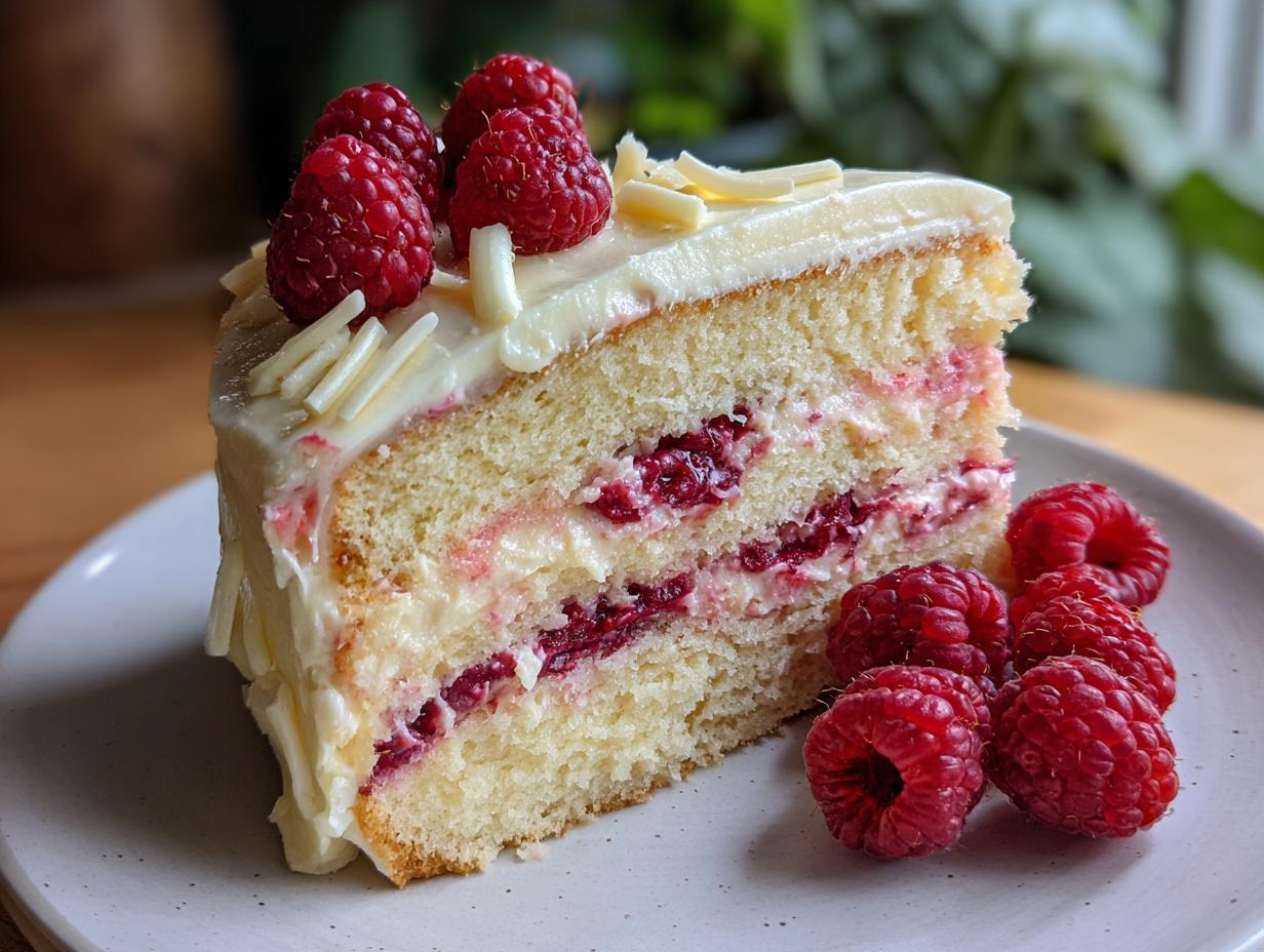 A delicious slice of white chocolate raspberry cake, topped with fresh raspberries and white chocolate shavings.