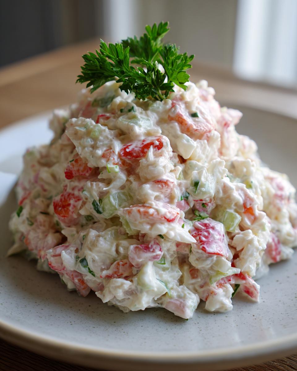 A mound of creamy seafood salad mixed with red peppers and celery, garnished with fresh parsley.