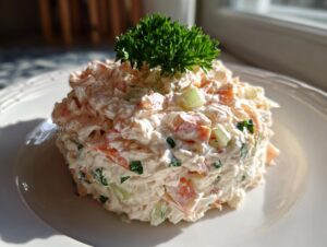 A beautifully molded portion of creamy seafood salad, topped with fresh parsley, ready to eat.