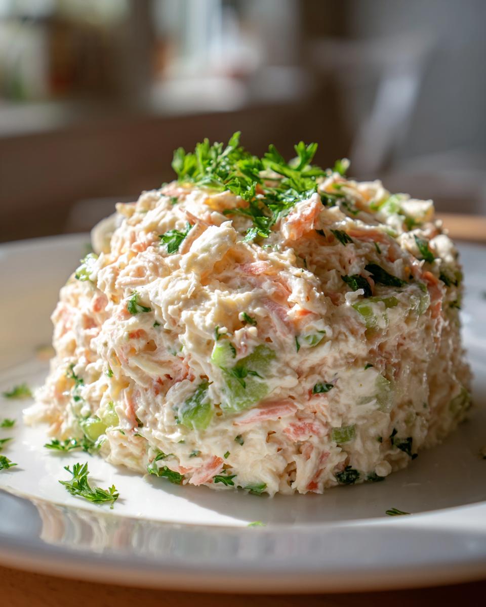 A molded serving of creamy crab salad mixed with shredded carrots and celery, topped with fresh parsley.