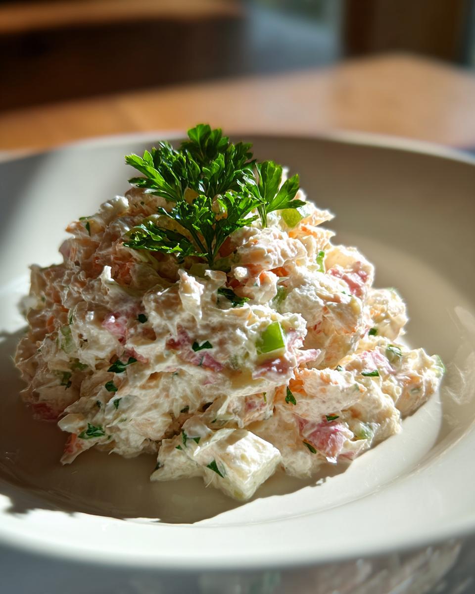 A mound of creamy crab salad garnished with fresh parsley, served on a white plate.
