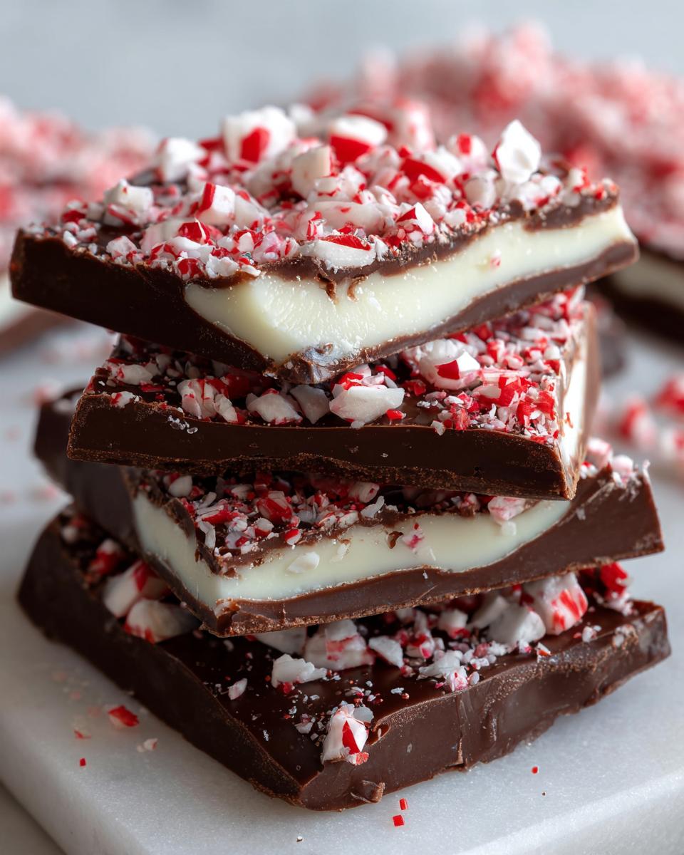 A stack of rich chocolate peppermint bark squares featuring a white layer and topped with crushed candy canes.