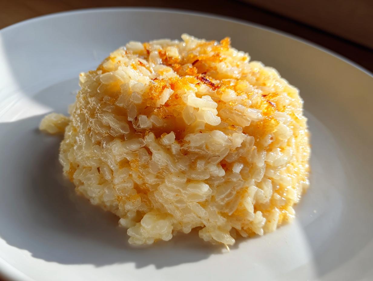 A perfectly molded serving of creamy, cheesy rice topped with browned cheese on a white plate.