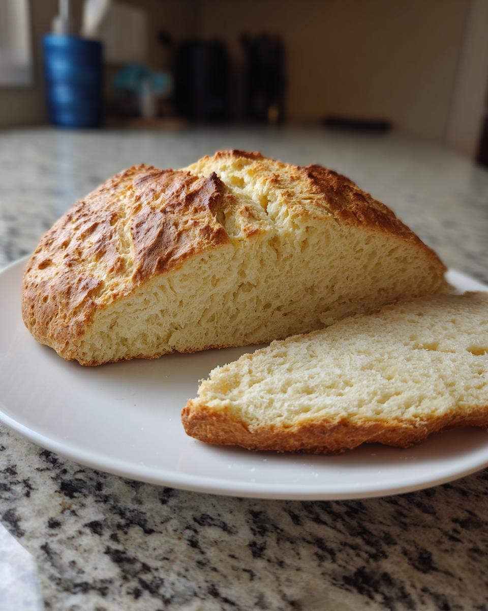 A loaf of homemade soda bread, cut in half to show the soft, white interior crumb and golden crust.