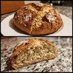 A split image showing a whole, round soda bread loaf and a close-up slice revealing the crumb texture.