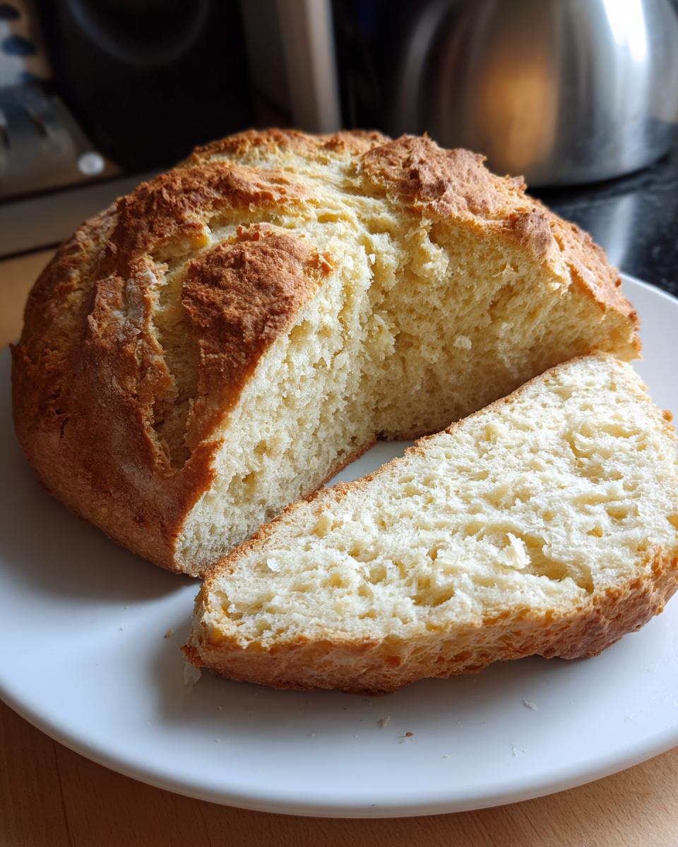 A round loaf of homemade soda bread, cut to show the soft interior crumb next to a thick slice.