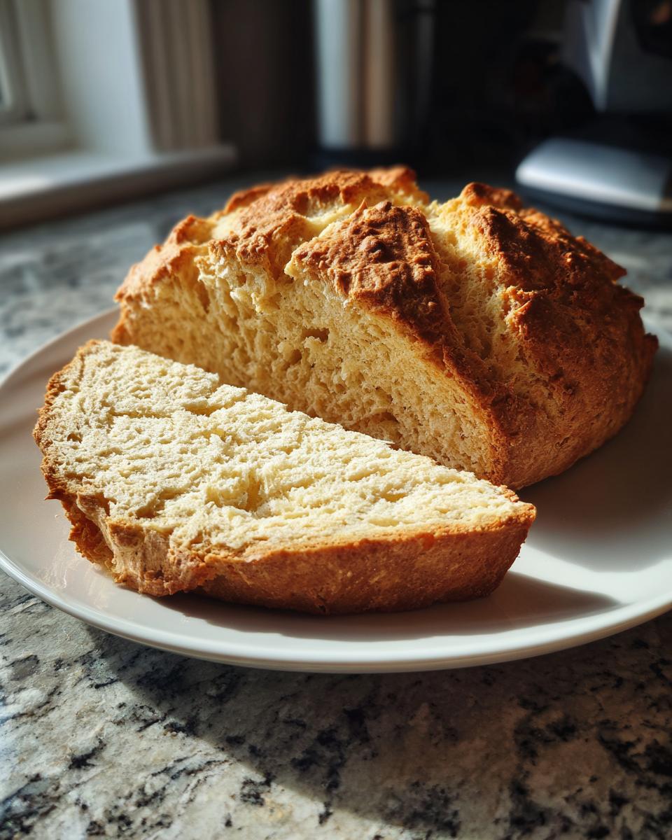 A golden brown loaf of homemade soda bread, partially sliced, resting on a white plate.
