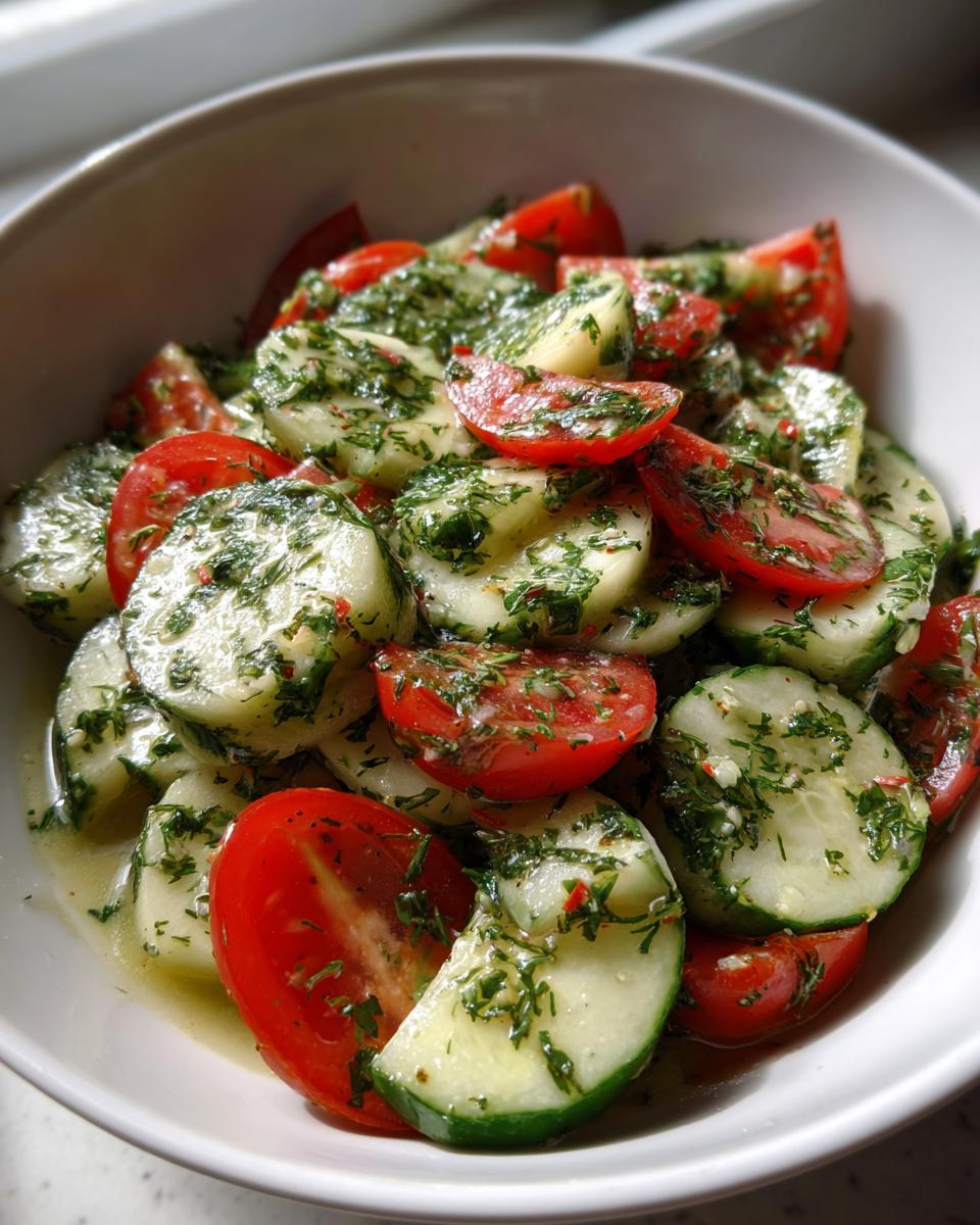 Close-up of a vibrant cucumber tomato salad tossed in a light dressing with fresh green herbs.