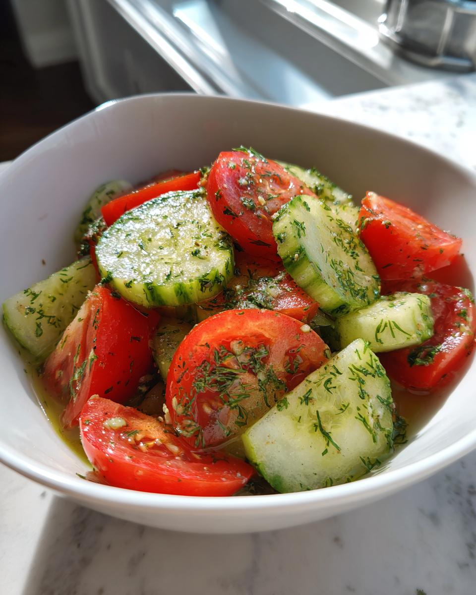 Close-up of a bright cucumber tomato salad tossed in a light vinaigrette and fresh dill.