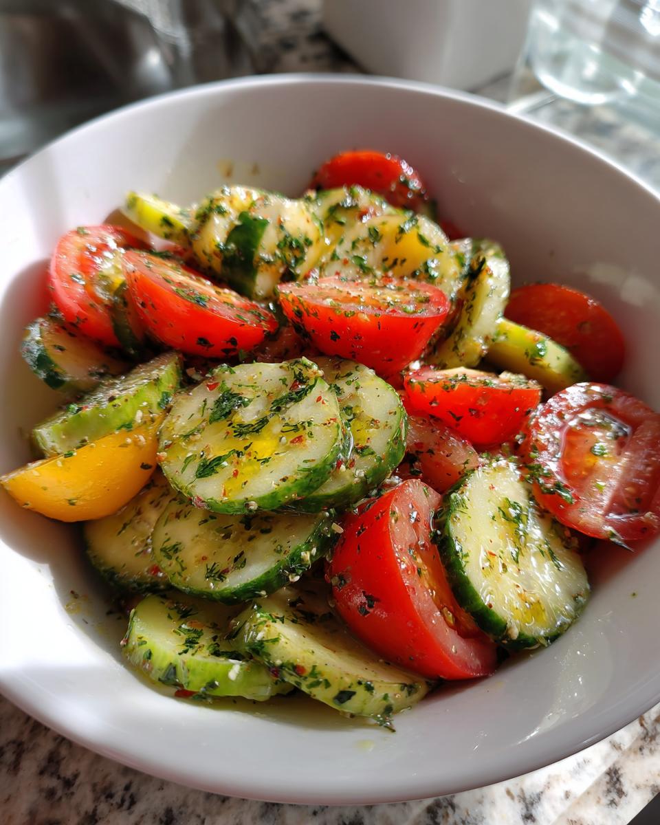 Close-up of fresh cucumber tomato salad slices tossed in herbs and vinaigrette in a white bowl.