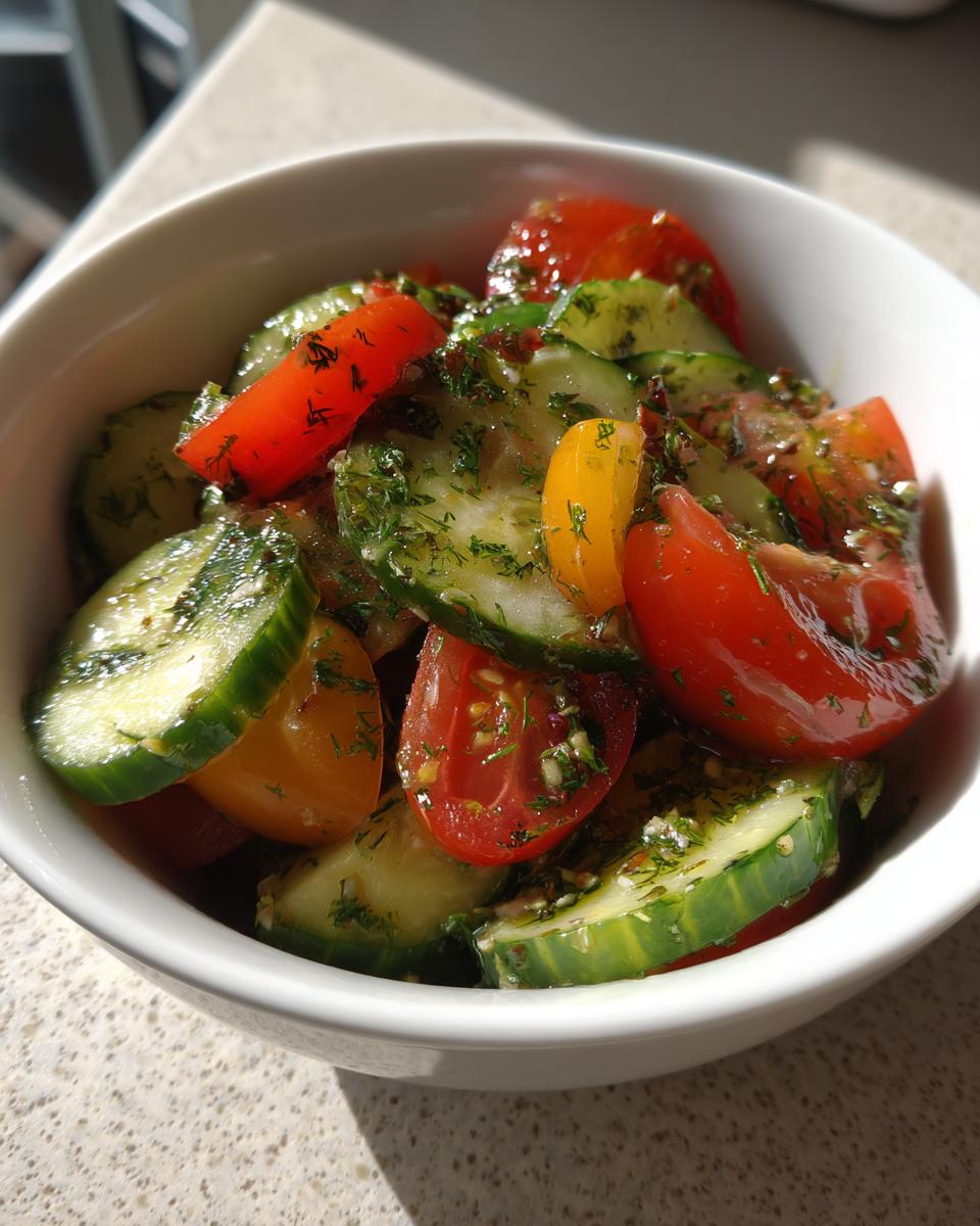Close-up of a vibrant cucumber tomato salad mixed with fresh dill, served in a white bowl.