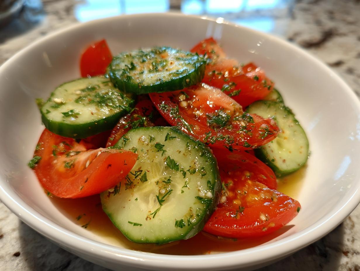 Close-up of a fresh cucumber tomato salad tossed in a light vinaigrette and sprinkled with herbs.