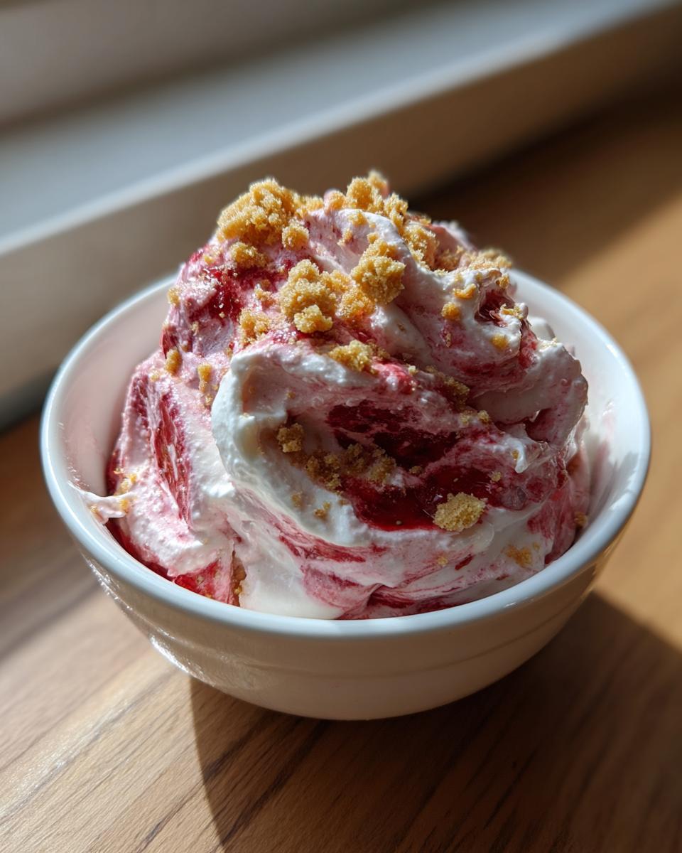 A close-up of a white bowl filled with creamy strawberry cheesecake dip, swirled with strawberry sauce and topped with graham cracker crumbs.