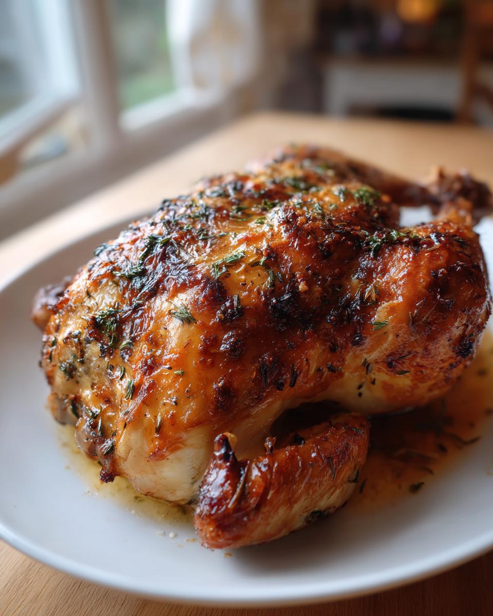 A perfectly cooked, golden-brown air fryer whole chicken seasoned with herbs resting on a white plate.