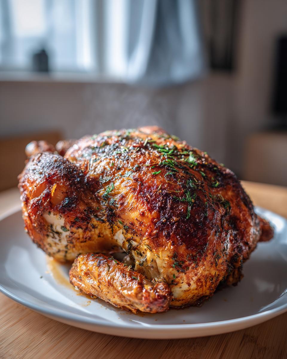 A perfectly roasted, steaming air fryer whole chicken with crispy, seasoned skin and fresh herbs.