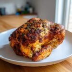 A beautifully browned, herb-crusted air fryer whole chicken resting on a white serving platter.