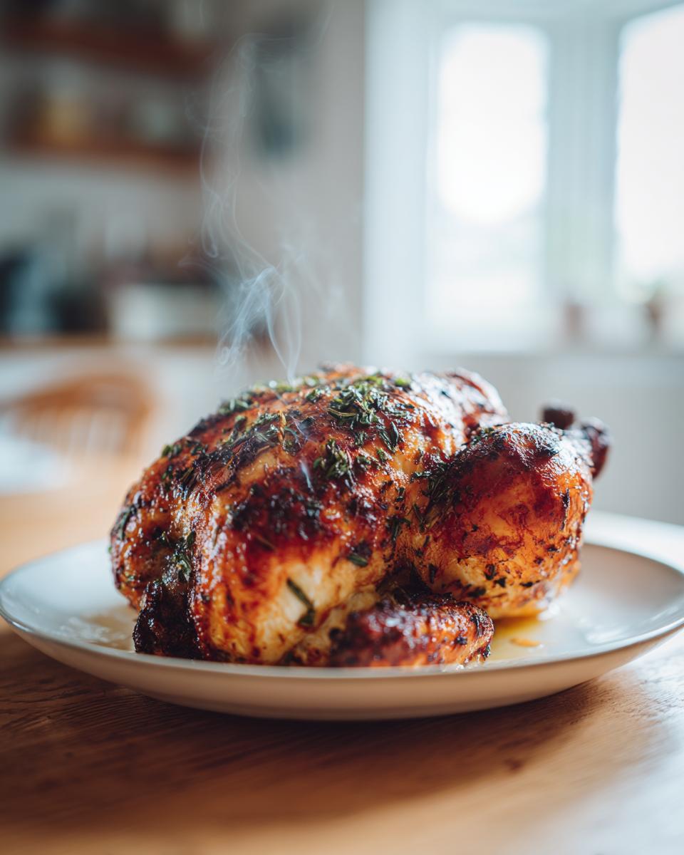 A perfectly cooked, golden-brown air fryer whole chicken steaming slightly, resting on a white plate.