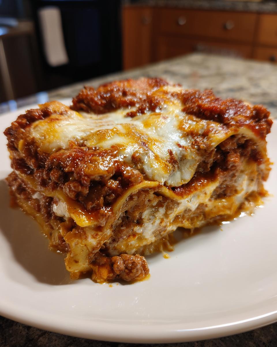 A thick, cheesy slice of homemade lasagna featuring layers of pasta, rich meat sauce, and melted mozzarella cheese.