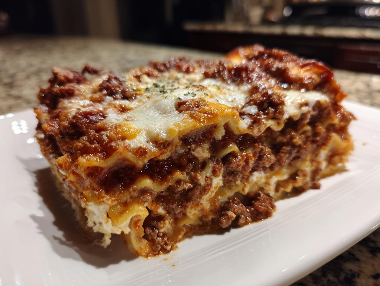 Close-up of a thick, layered slice of amazing 1-pan lasagna featuring rich meat sauce and melted cheese.