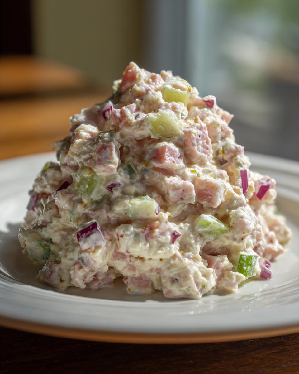 A mound of creamy, chunky ham salad featuring diced ham, green celery, and red onion on a white plate.